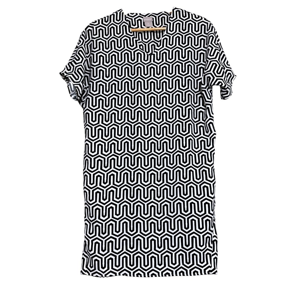 Chicos Wedge Tunic Top Women 0 US Small Black Cream Geometric Boxy Comfort - Picture 2 of 5